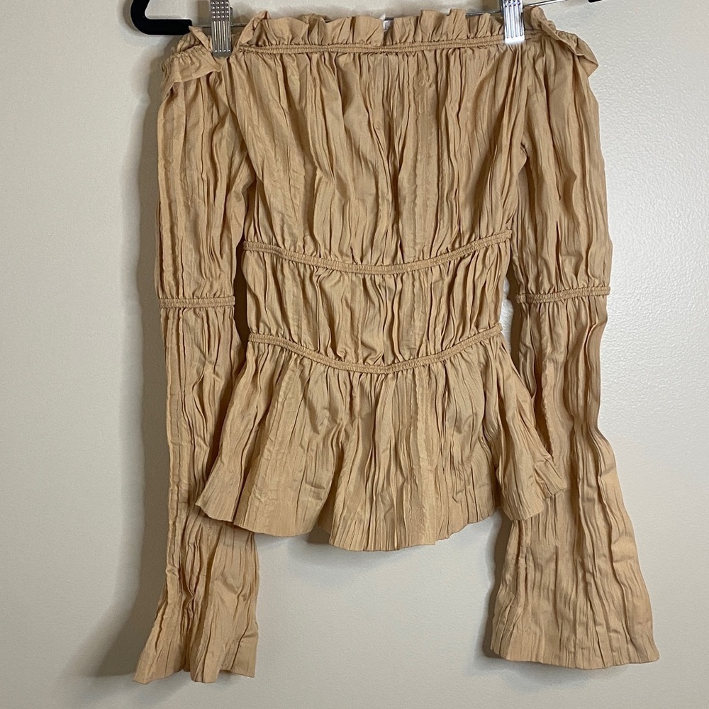 Song Of Style Ruched Off the Shoulder Top Long Sleeve Bell Sleeve Tan Size XS